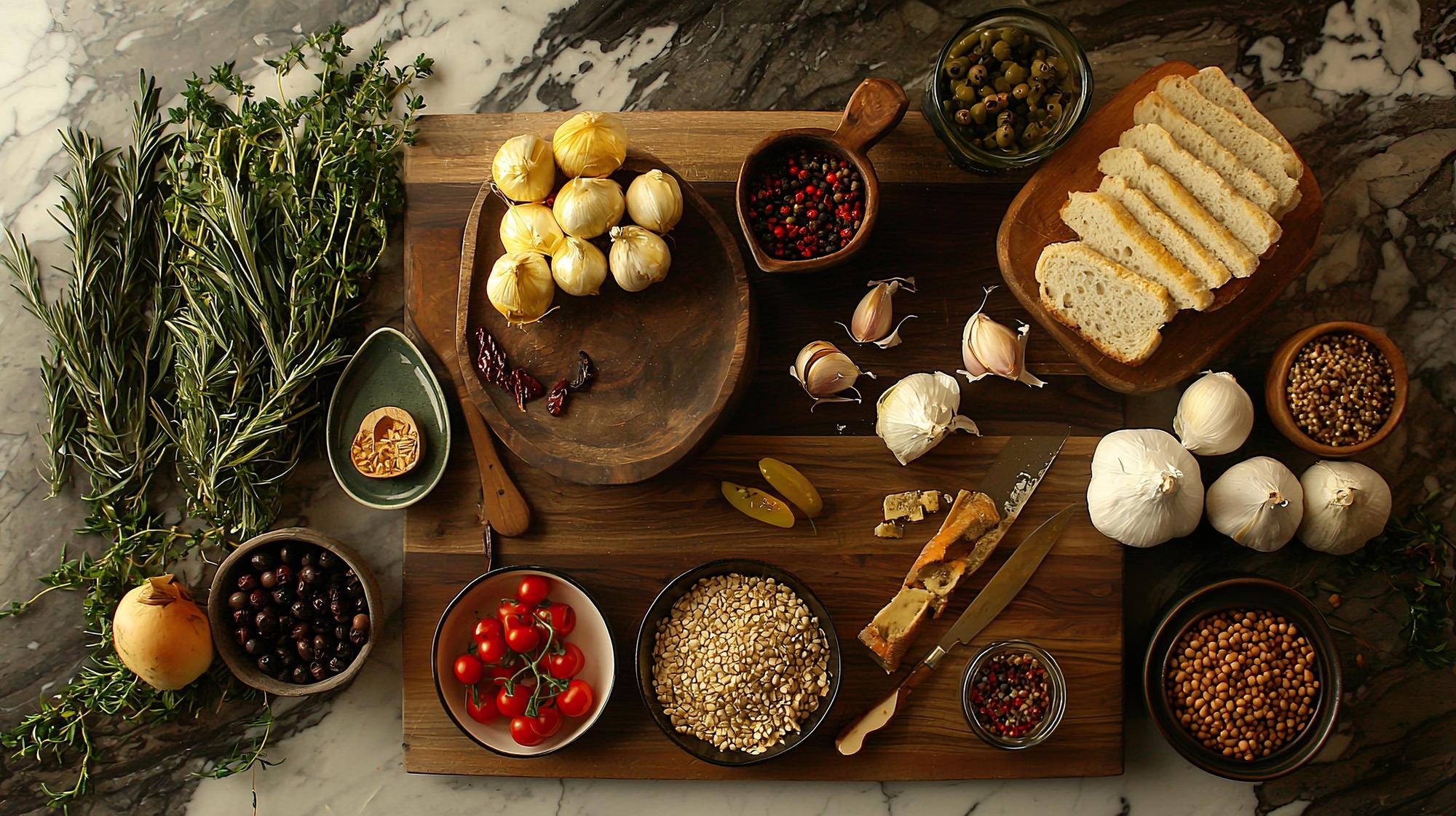Artisanal ingredients laid out on a table